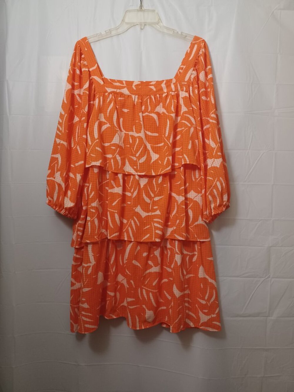 WHO WHAT WEAR TROPICAL PALM LEAF BALLOON SLEEVE TIERED MINI DRESS ORANGE XXL